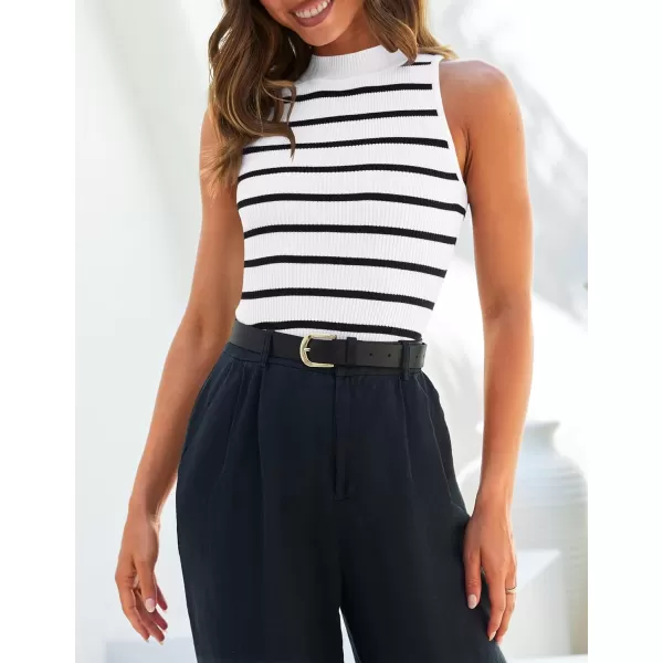 imageZESICA Womens Tank Tops Summer Sleeveless Ribbed High Neck Slim Fitted Striped Basic Casual ShirtsWhite