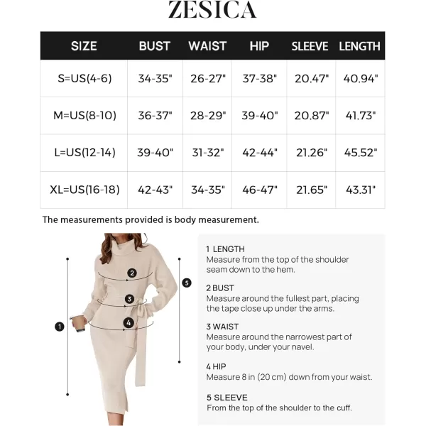 imageZESICA Womens Turtleneck Sweater Midi Dress Long Sleeve Ribbed Knit Bodycon Slit Dress with BeltApricot