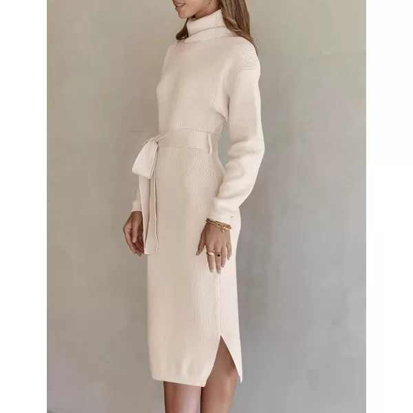 imageZESICA Womens Turtleneck Sweater Midi Dress Long Sleeve Ribbed Knit Bodycon Slit Dress with BeltApricot