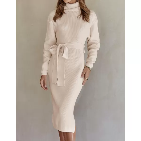 imageZESICA Womens Turtleneck Sweater Midi Dress Long Sleeve Ribbed Knit Bodycon Slit Dress with BeltApricot