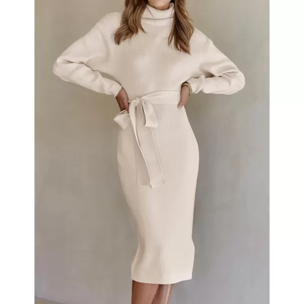 imageZESICA Womens Turtleneck Sweater Midi Dress Long Sleeve Ribbed Knit Bodycon Slit Dress with BeltApricot