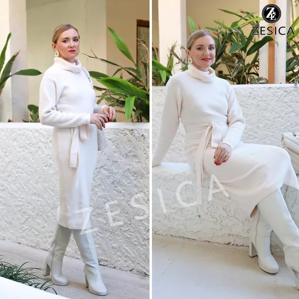imageZESICA Womens Turtleneck Sweater Midi Dress Long Sleeve Ribbed Knit Bodycon Slit Dress with BeltApricot