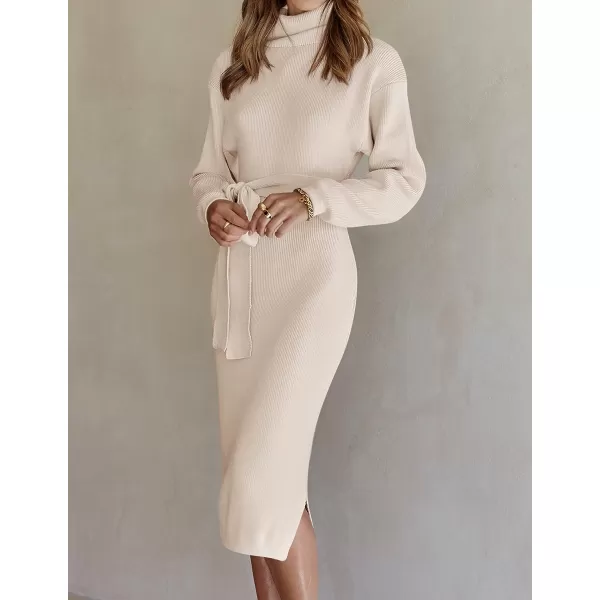 imageZESICA Womens Turtleneck Sweater Midi Dress Long Sleeve Ribbed Knit Bodycon Slit Dress with BeltApricot