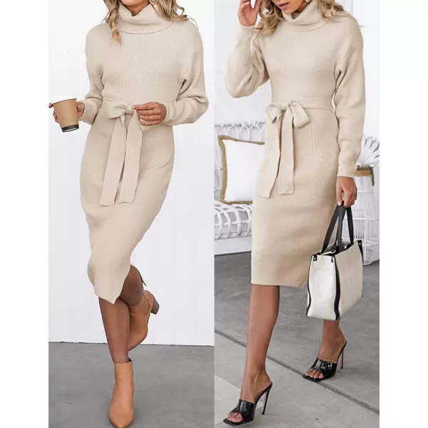 imageZESICA Womens Turtleneck Sweater Midi Dress Long Sleeve Ribbed Knit Bodycon Slit Dress with BeltApricot