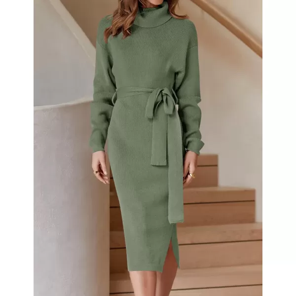 imageZESICA Womens Turtleneck Sweater Midi Dress Long Sleeve Ribbed Knit Bodycon Slit Dress with BeltArmygreen