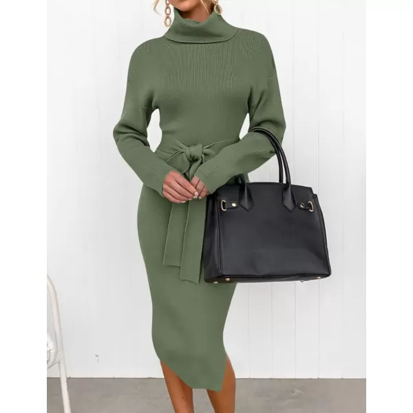 imageZESICA Womens Turtleneck Sweater Midi Dress Long Sleeve Ribbed Knit Bodycon Slit Dress with BeltArmygreen