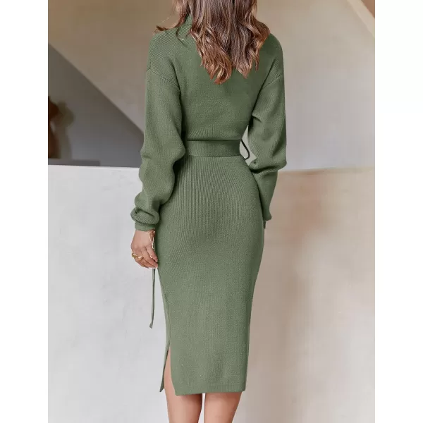 imageZESICA Womens Turtleneck Sweater Midi Dress Long Sleeve Ribbed Knit Bodycon Slit Dress with BeltArmygreen