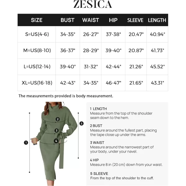 imageZESICA Womens Turtleneck Sweater Midi Dress Long Sleeve Ribbed Knit Bodycon Slit Dress with BeltArmygreen