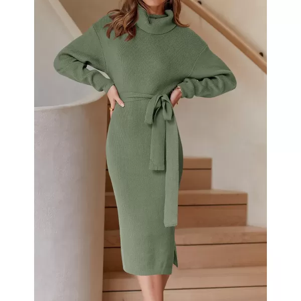 imageZESICA Womens Turtleneck Sweater Midi Dress Long Sleeve Ribbed Knit Bodycon Slit Dress with BeltArmygreen
