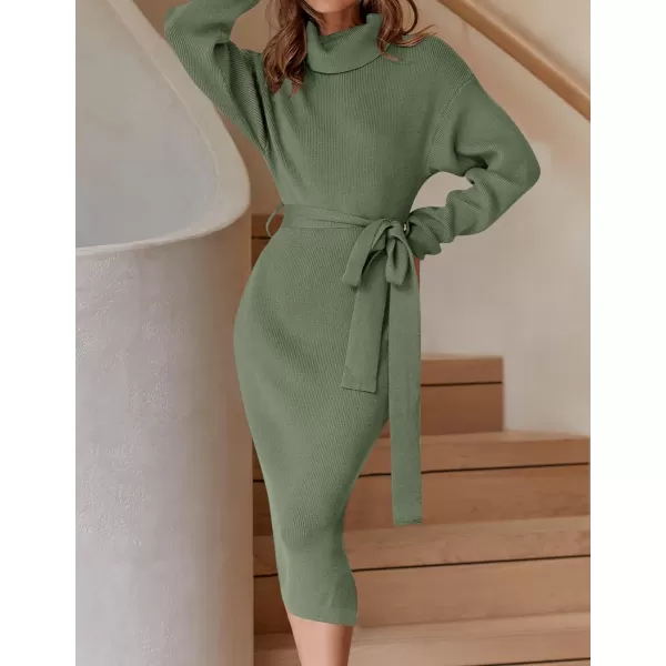 imageZESICA Womens Turtleneck Sweater Midi Dress Long Sleeve Ribbed Knit Bodycon Slit Dress with BeltArmygreen