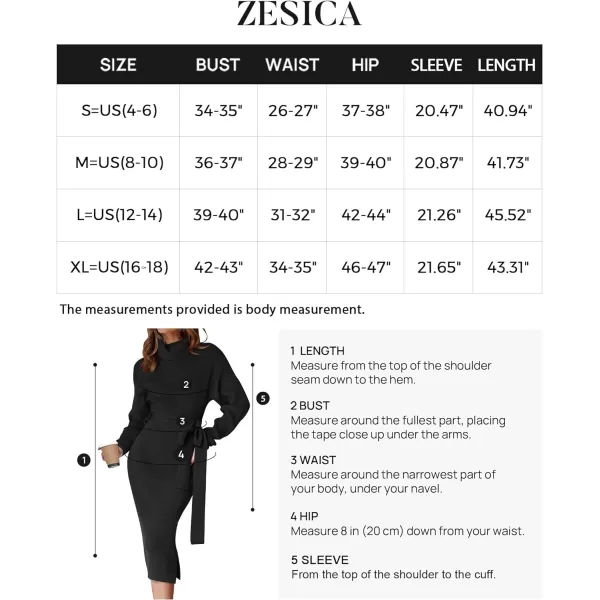 imageZESICA Womens Turtleneck Sweater Midi Dress Long Sleeve Ribbed Knit Bodycon Slit Dress with BeltBlack