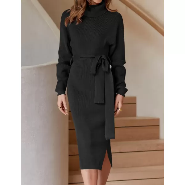 imageZESICA Womens Turtleneck Sweater Midi Dress Long Sleeve Ribbed Knit Bodycon Slit Dress with BeltBlack