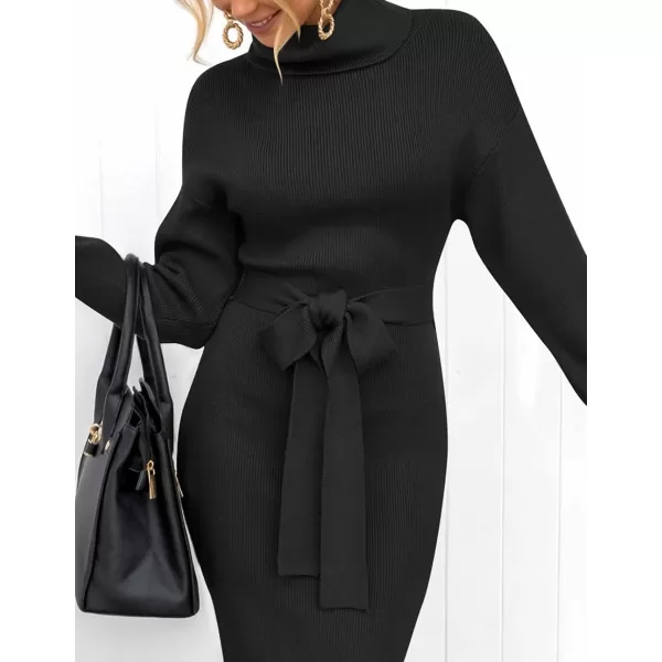 imageZESICA Womens Turtleneck Sweater Midi Dress Long Sleeve Ribbed Knit Bodycon Slit Dress with BeltBlack