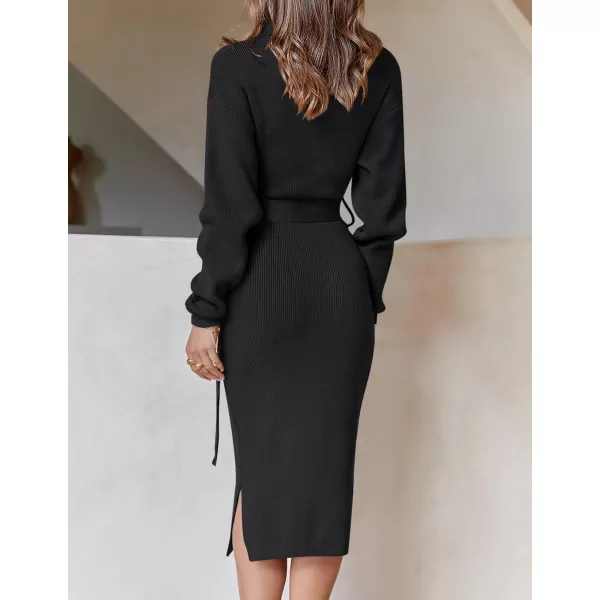 imageZESICA Womens Turtleneck Sweater Midi Dress Long Sleeve Ribbed Knit Bodycon Slit Dress with BeltBlack