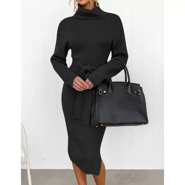 imageZESICA Womens Turtleneck Sweater Midi Dress Long Sleeve Ribbed Knit Bodycon Slit Dress with BeltBlack