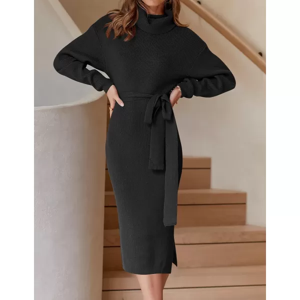 imageZESICA Womens Turtleneck Sweater Midi Dress Long Sleeve Ribbed Knit Bodycon Slit Dress with BeltBlack