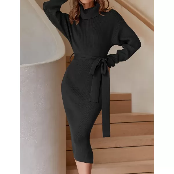 imageZESICA Womens Turtleneck Sweater Midi Dress Long Sleeve Ribbed Knit Bodycon Slit Dress with BeltBlack