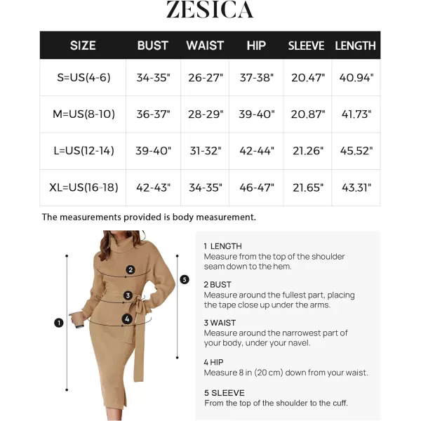 imageZESICA Womens Turtleneck Sweater Midi Dress Long Sleeve Ribbed Knit Bodycon Slit Dress with BeltCamel