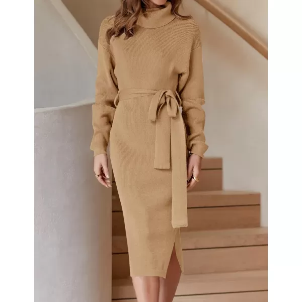 imageZESICA Womens Turtleneck Sweater Midi Dress Long Sleeve Ribbed Knit Bodycon Slit Dress with BeltCamel