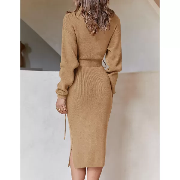 imageZESICA Womens Turtleneck Sweater Midi Dress Long Sleeve Ribbed Knit Bodycon Slit Dress with BeltCamel