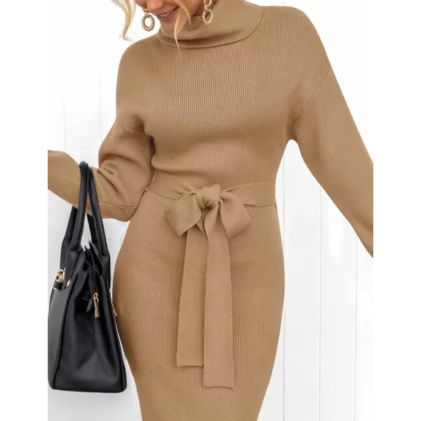 imageZESICA Womens Turtleneck Sweater Midi Dress Long Sleeve Ribbed Knit Bodycon Slit Dress with BeltCamel