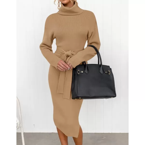 imageZESICA Womens Turtleneck Sweater Midi Dress Long Sleeve Ribbed Knit Bodycon Slit Dress with BeltCamel