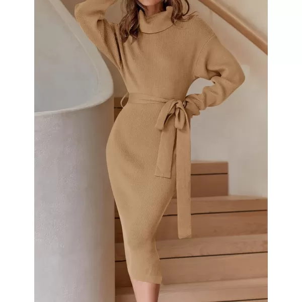 imageZESICA Womens Turtleneck Sweater Midi Dress Long Sleeve Ribbed Knit Bodycon Slit Dress with BeltCamel