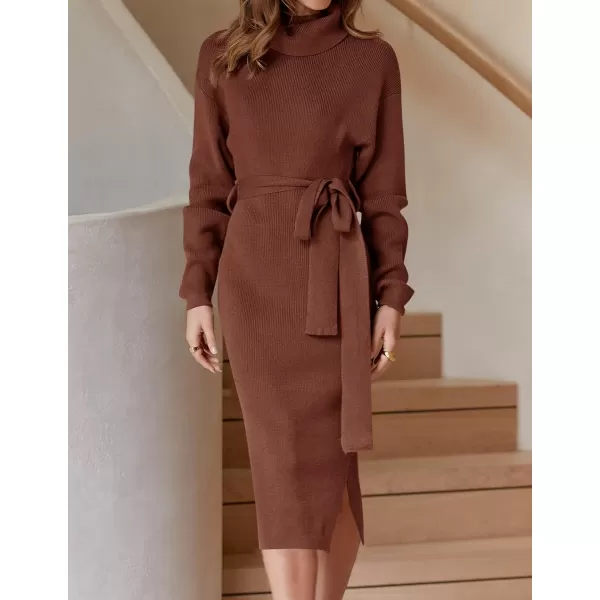 imageZESICA Womens Turtleneck Sweater Midi Dress Long Sleeve Ribbed Knit Bodycon Slit Dress with BeltCoffee