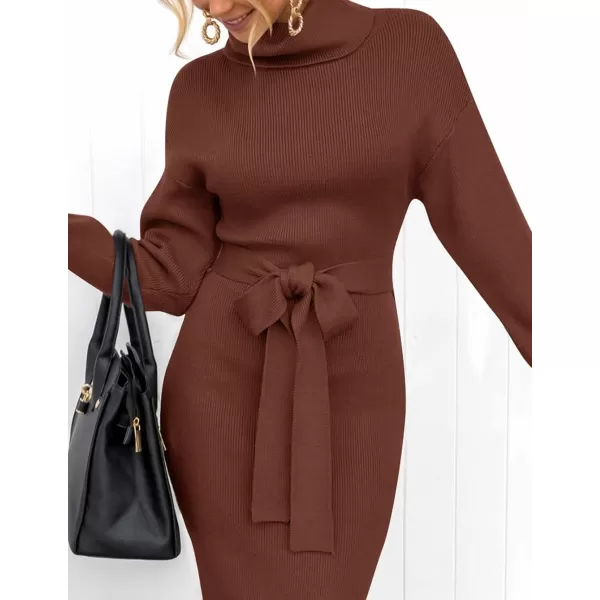 imageZESICA Womens Turtleneck Sweater Midi Dress Long Sleeve Ribbed Knit Bodycon Slit Dress with BeltCoffee