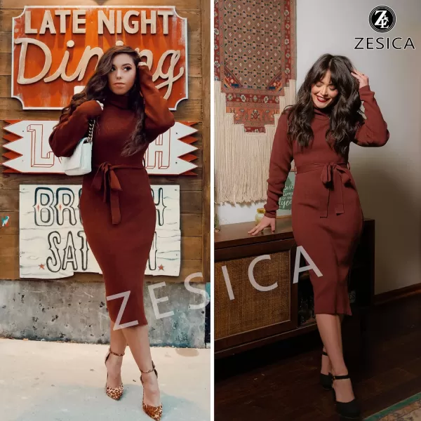 imageZESICA Womens Turtleneck Sweater Midi Dress Long Sleeve Ribbed Knit Bodycon Slit Dress with BeltCoffee