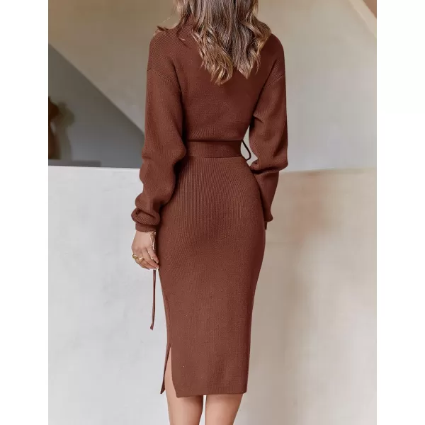 imageZESICA Womens Turtleneck Sweater Midi Dress Long Sleeve Ribbed Knit Bodycon Slit Dress with BeltCoffee