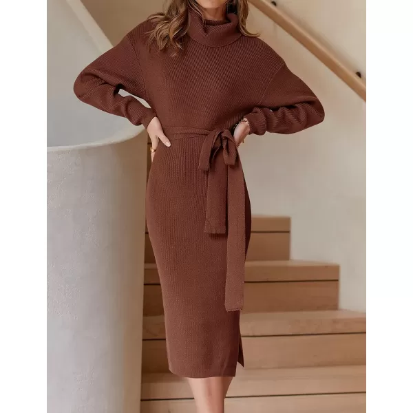 imageZESICA Womens Turtleneck Sweater Midi Dress Long Sleeve Ribbed Knit Bodycon Slit Dress with BeltCoffee