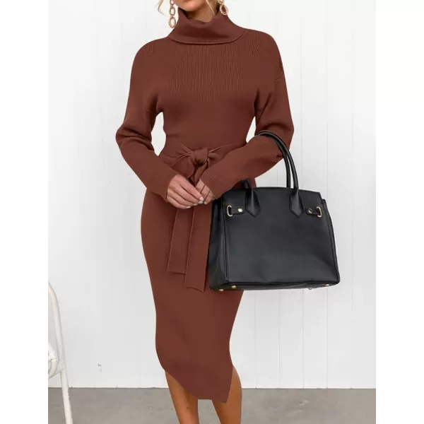 imageZESICA Womens Turtleneck Sweater Midi Dress Long Sleeve Ribbed Knit Bodycon Slit Dress with BeltCoffee