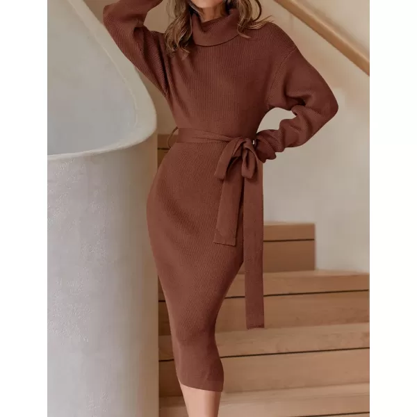 imageZESICA Womens Turtleneck Sweater Midi Dress Long Sleeve Ribbed Knit Bodycon Slit Dress with BeltCoffee