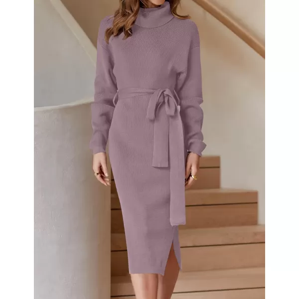 imageZESICA Womens Turtleneck Sweater Midi Dress Long Sleeve Ribbed Knit Bodycon Slit Dress with BeltDarkviolet