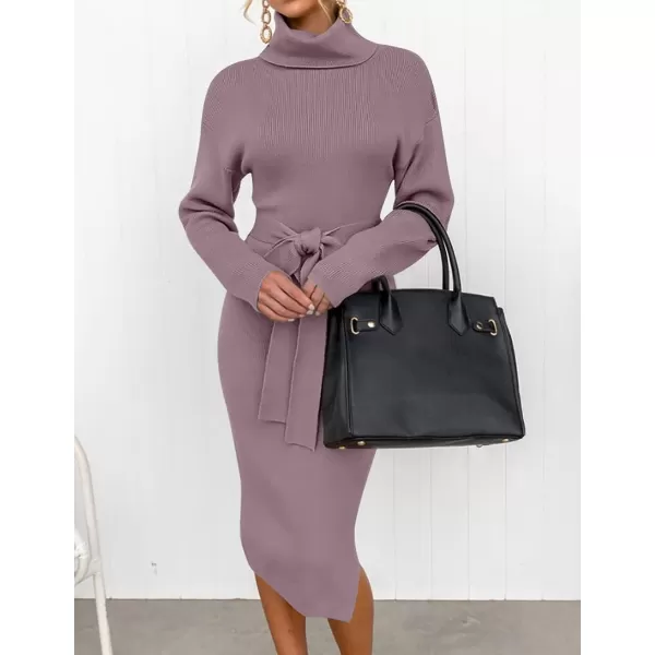 imageZESICA Womens Turtleneck Sweater Midi Dress Long Sleeve Ribbed Knit Bodycon Slit Dress with BeltDarkviolet