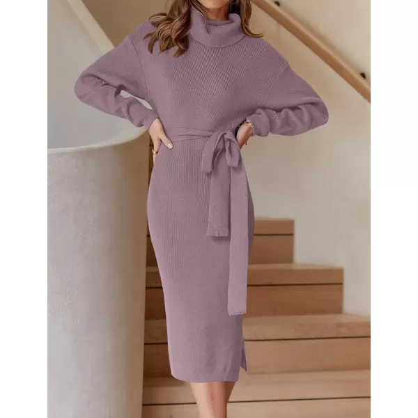 imageZESICA Womens Turtleneck Sweater Midi Dress Long Sleeve Ribbed Knit Bodycon Slit Dress with BeltDarkviolet