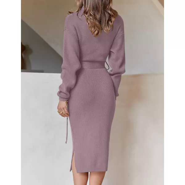 imageZESICA Womens Turtleneck Sweater Midi Dress Long Sleeve Ribbed Knit Bodycon Slit Dress with BeltDarkviolet