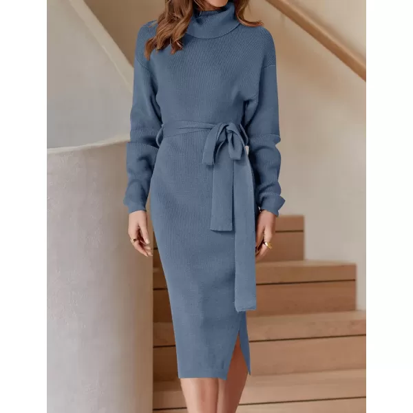 imageZESICA Womens Turtleneck Sweater Midi Dress Long Sleeve Ribbed Knit Bodycon Slit Dress with BeltDustyblue
