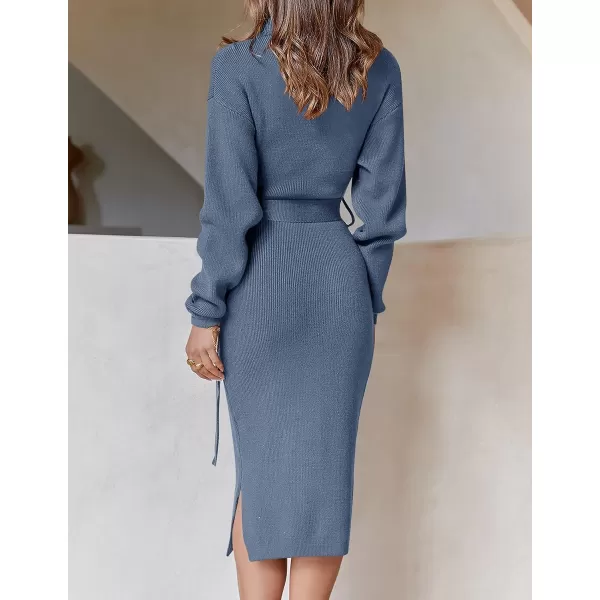 imageZESICA Womens Turtleneck Sweater Midi Dress Long Sleeve Ribbed Knit Bodycon Slit Dress with BeltDustyblue