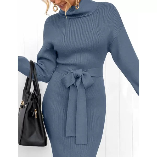 imageZESICA Womens Turtleneck Sweater Midi Dress Long Sleeve Ribbed Knit Bodycon Slit Dress with BeltDustyblue