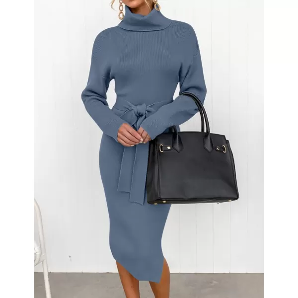 imageZESICA Womens Turtleneck Sweater Midi Dress Long Sleeve Ribbed Knit Bodycon Slit Dress with BeltDustyblue