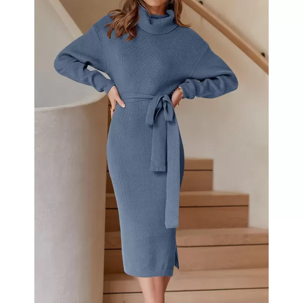 imageZESICA Womens Turtleneck Sweater Midi Dress Long Sleeve Ribbed Knit Bodycon Slit Dress with BeltDustyblue