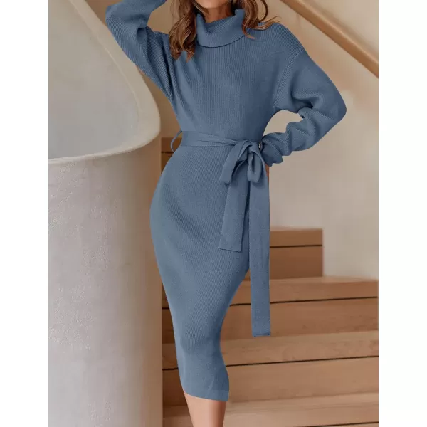 imageZESICA Womens Turtleneck Sweater Midi Dress Long Sleeve Ribbed Knit Bodycon Slit Dress with BeltDustyblue