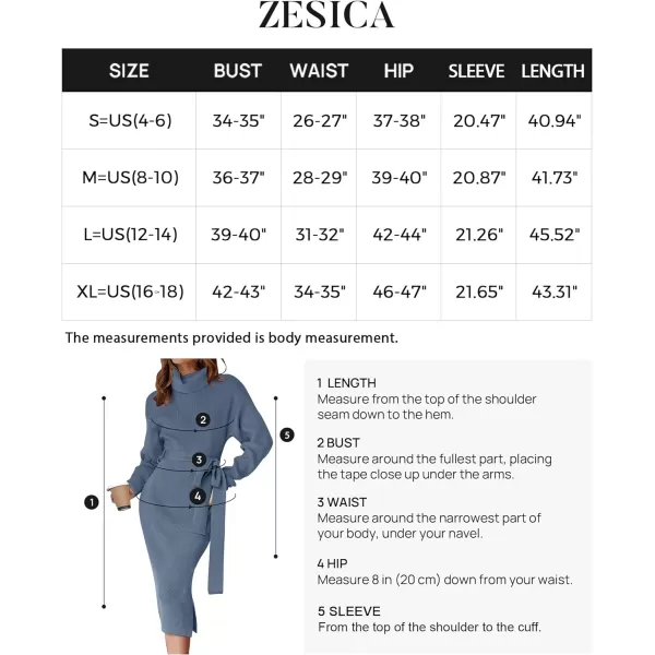 imageZESICA Womens Turtleneck Sweater Midi Dress Long Sleeve Ribbed Knit Bodycon Slit Dress with BeltDustyblue