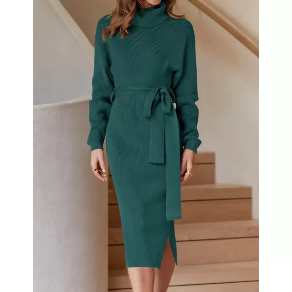 imageZESICA Womens Turtleneck Sweater Midi Dress Long Sleeve Ribbed Knit Bodycon Slit Dress with BeltForestgreen