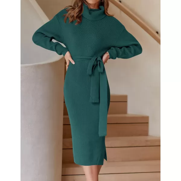 imageZESICA Womens Turtleneck Sweater Midi Dress Long Sleeve Ribbed Knit Bodycon Slit Dress with BeltForestgreen