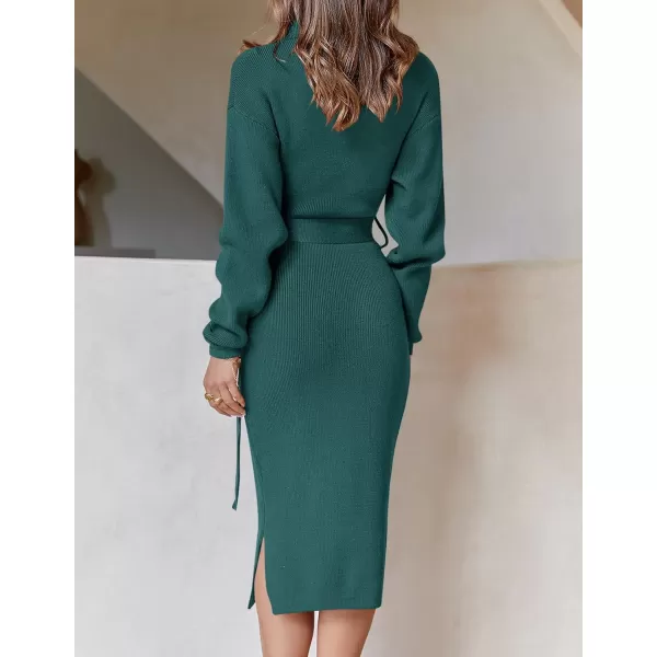 imageZESICA Womens Turtleneck Sweater Midi Dress Long Sleeve Ribbed Knit Bodycon Slit Dress with BeltForestgreen