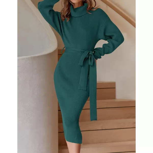 imageZESICA Womens Turtleneck Sweater Midi Dress Long Sleeve Ribbed Knit Bodycon Slit Dress with BeltForestgreen