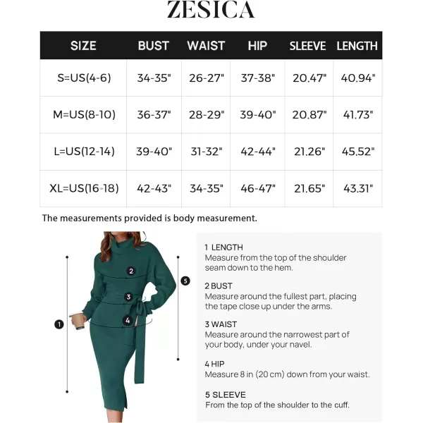 imageZESICA Womens Turtleneck Sweater Midi Dress Long Sleeve Ribbed Knit Bodycon Slit Dress with BeltForestgreen